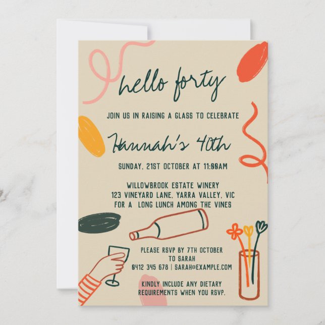 Hallo 40 Weinkellerei Mittagessen Geburtstag Einladung (Vorderseite)
