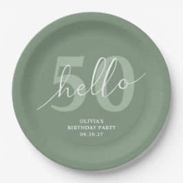 Hallo 50 | Modern Simple Sage Green 50. Geburtstag Pappteller