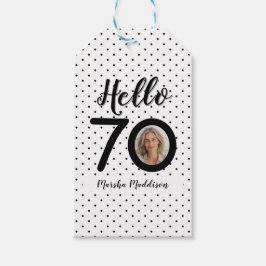 Hallo 70 Black & White Dots Foto & Name Geburtstag Geschenkanhänger