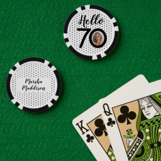 Hallo 70 Black & White Dots Foto & Name Geburtstag Pokerchips
