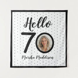 Hallo 70 Black & White Dots Foto & Name Geburtstag Wandteppich