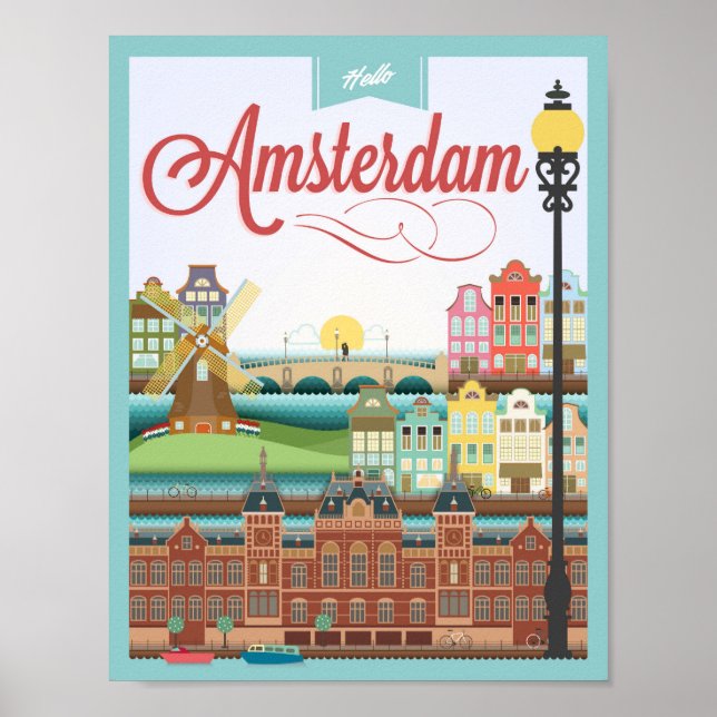 Hallo Amsterdam Holland Travel Poster (Vorne)