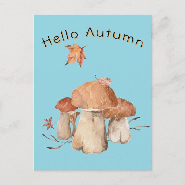 Hallo Autumn Trockenleaf Mushroom Wasserfarbe Postkarte (Vorderseite)