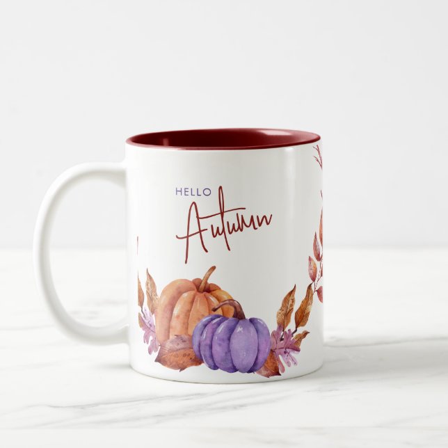 Hallo Autumn Wassercolor Pumpkins Zweifarbige Tasse (Links)