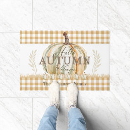 Hallo Autumn White Pumpkin Gingham Kariert Name Fußmatte