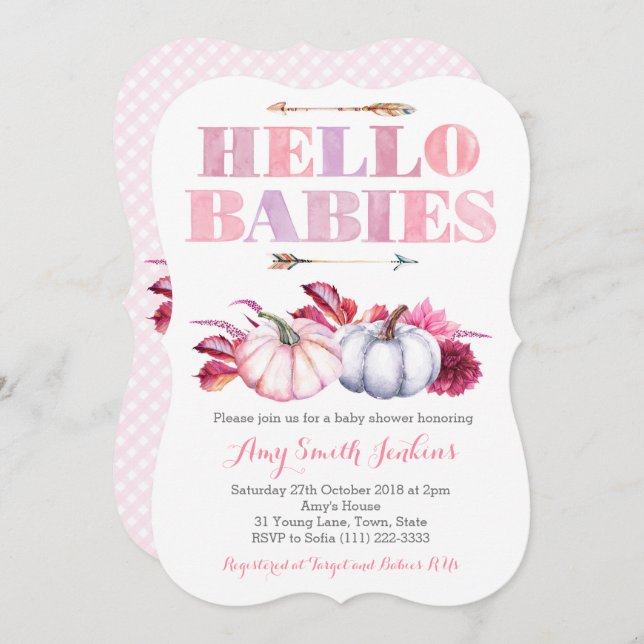 Hallo Babies! Twin Girls Pumpkin Baby Dusche Party Einladung (Vorne/Hinten)