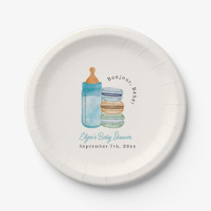 Hallo Baby Blaue Macarons & Milk Boy Babyparty Pappteller