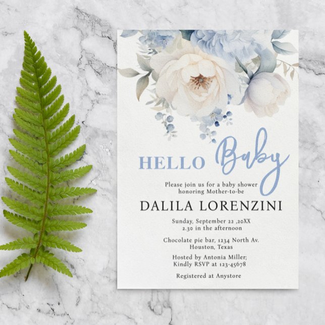 Hallo Baby Blue Floral Baby Dusche Einladung (Von Creator hochgeladen)