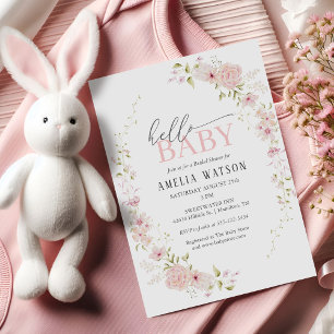 Hallo Baby Blush Pink Florale Babyparty Einladung