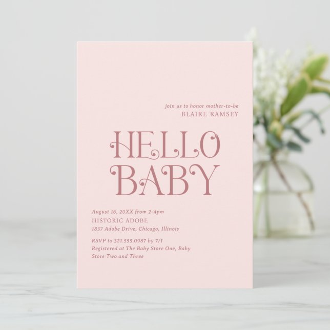 Hallo Baby Blush Pink Moderne Babydusche Einladung (Stehend Vorderseite)