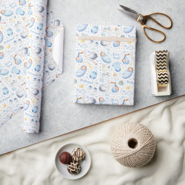 Hallo Baby Boy – Wasserfarben-Musterdesign Geschenkpapier (Kunsthandwerk)