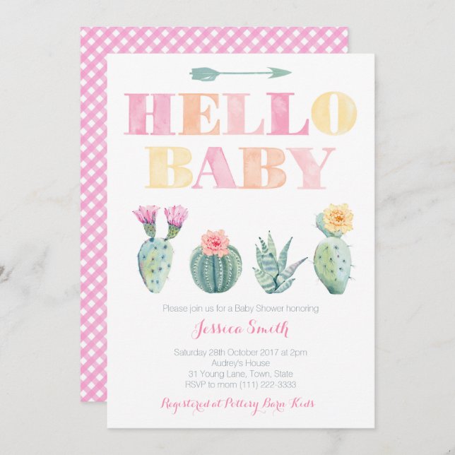 Hallo, Baby! Cactus Baby Shower oder Sip and See Einladung (Vorne/Hinten)