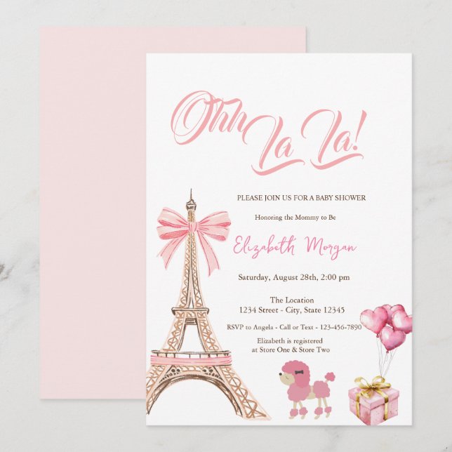 Hallo Baby Eiffelturm Rosa Schleife Geschenk Pudel Einladung (Vorne/Hinten)