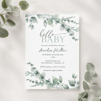Hallo Baby Eukalyptus Grünzeug Neutrale Babyparty Einladung