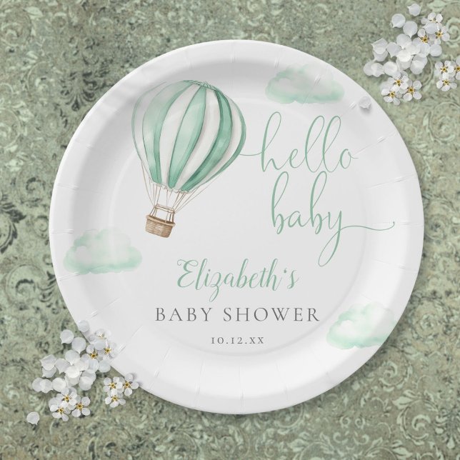 Hallo Baby Hot Air Ballon Neutral Baby Dusche Pappteller (Hello Baby Hot Air Balloon Neutral Baby Shower Paper Plate)