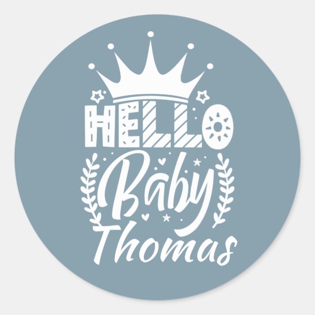 Hallo Baby mit Crown Baby's Name Blue Runder Aufkleber (Vorderseite)