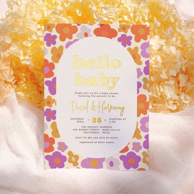 Hallo Baby Retro Daisy Gold gepresste Baby Dusche Folieneinladung (Von Creator hochgeladen)