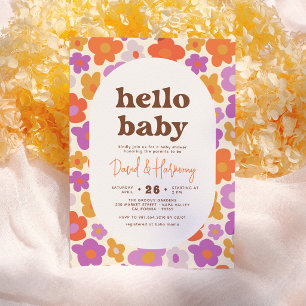 Hallo Baby Retro Daisy Orange & Lila Babyparty Einladung