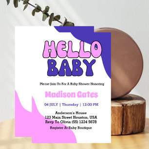 Hallo Baby Retro Groovy Farbige Babyparty Einladung