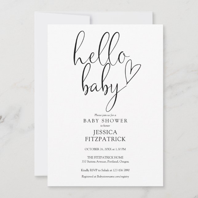 Hallo Baby Script Black and White Baby Dusche Einladung (Vorderseite)