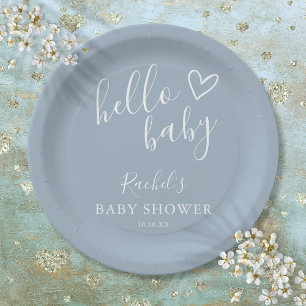 Hallo Baby Shower Baby Junge Dusty Blau Süßes Herz Pappteller