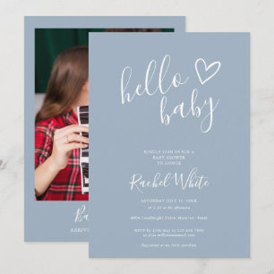 Hallo Baby Shower Herz Dusty Blue Foto Einladung