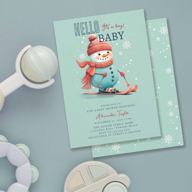 Hallo Baby Snowman Skifahren Winter Boy Baby Dusch Einladung (winter baby boy shower invitation snowman sports skiing watercolor snowflake snow wonderland)