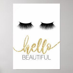 Hallo Beautiful Modern Lashes Gold Script Salon Poster