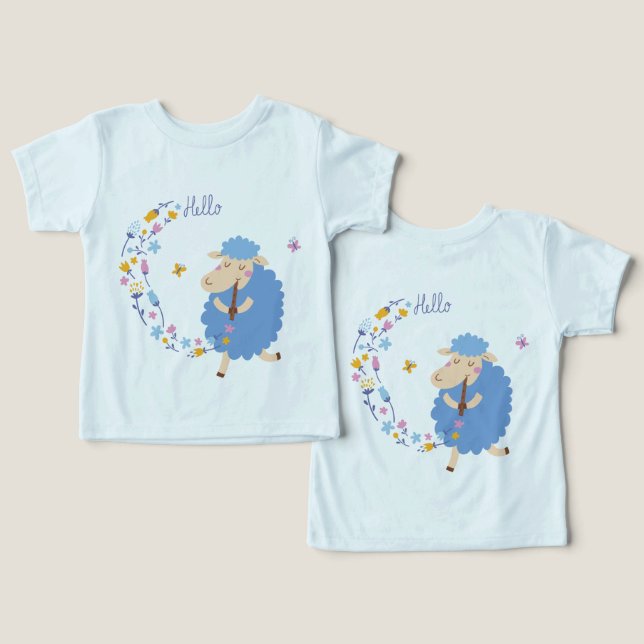 Hallo Blaues Schaf Kinder T-Shirt (Design Vorderseite & Rückseite)