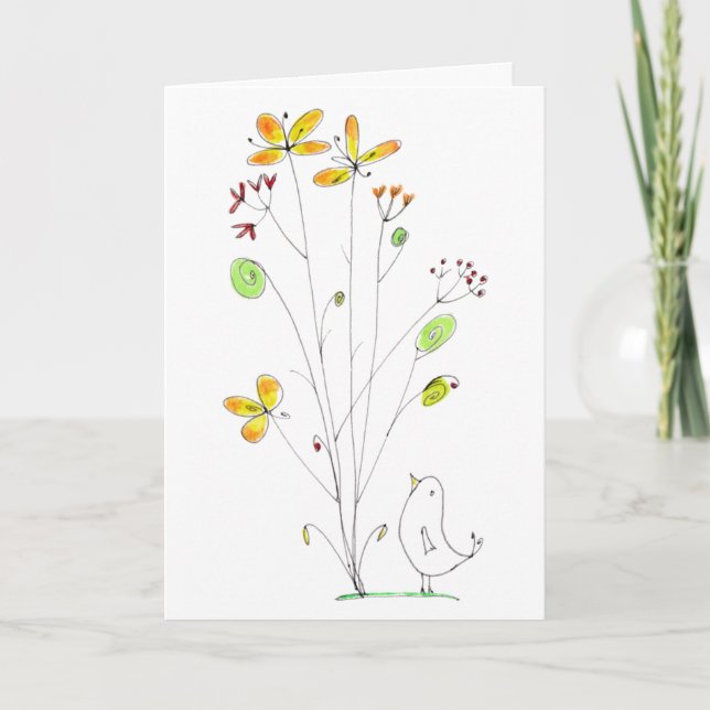 Hallo Blume und Bird Watercolor und Tinte Card Dankeskarte (Vorderseite)