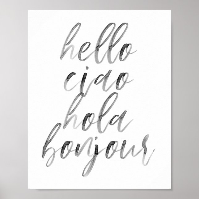 Hallo Ciao Hola Bonjour Watercolor Script Poster (Vorne)