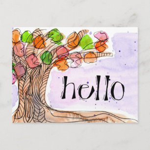 Hallo & Danke - Fun Leafy Tree Watercolor Postkarte