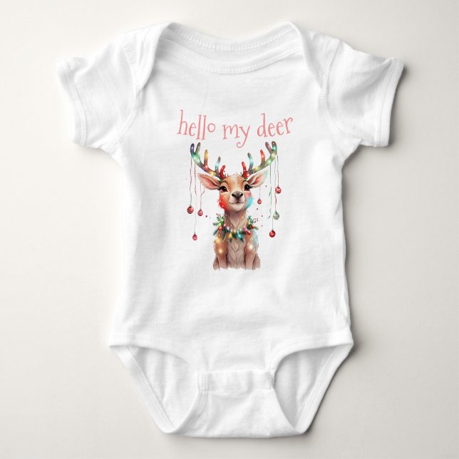 Hallo Deer Whimsy Reindeer und Weihnachtslicht Baby Strampler (Vorderseite)