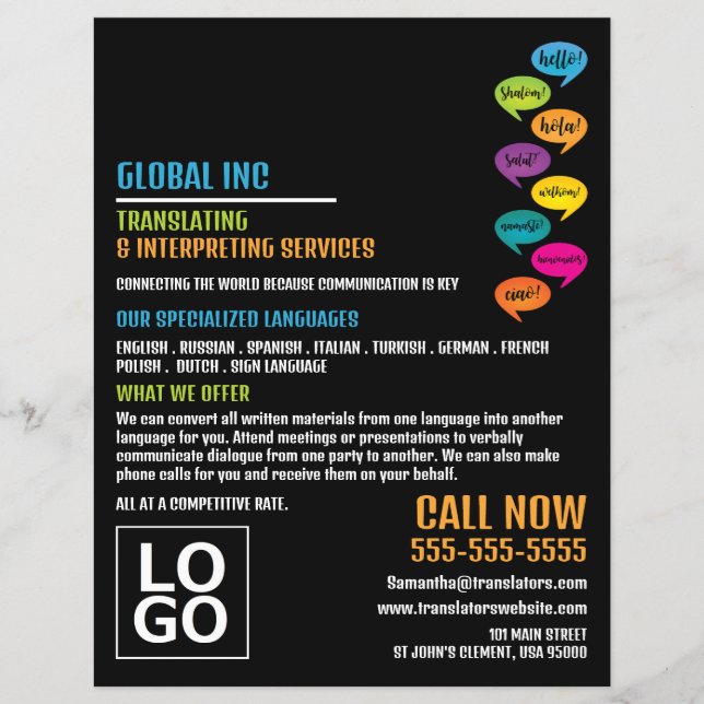 Hallo Design, Übersetzer und Dolmetscher Flyer (Vorne)