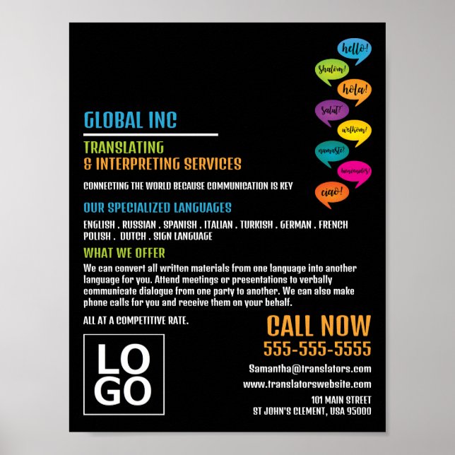 Hallo Design, Übersetzer und Dolmetscher Poster (Vorne)