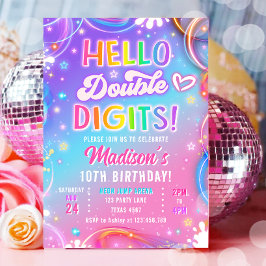 Hallo Doppelte Ziffern Neon Glow Mädchen 10. Gebur Einladung