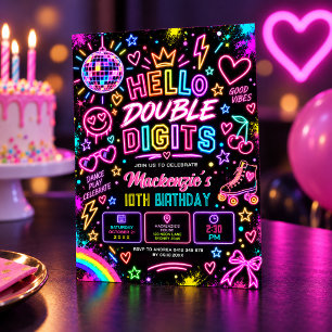 Hallo Doppelziffern: Retro-Neon-Glanz zum 10. Gebu Einladung