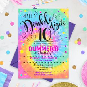 Hallo Double Digits Party Einladung Tie Dye 10.