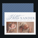 Hallo elegante Drehbuch zwei Foto navvy Blue Junge Ankündigung<br><div class="desc">Diese zwei Fotos Geburtsankündigung beinhaltet neben einem Namen oder Spitznamen ein elegantes marinebasisches Schrift "hello". Es gibt auch Platz für den vollständigen Namen des Kindes und andere Details, sowie ein Quadrat und ein horizontales Foto. Die klassisch blaue Farbe ist ideal, um einen süßen Baby Jungen anzukündigen, und der Backer ist...</div>