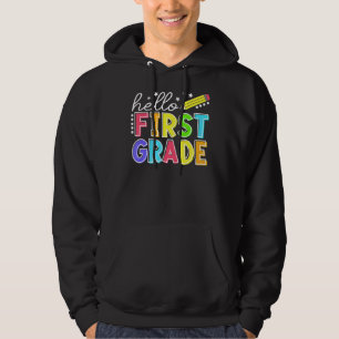 Hallo Erste Klasse Lehrer zurück zur Schule Messy Hoodie