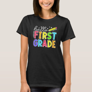 Hallo Erste Klasse Lehrer zurück zur Schule Messy T-Shirt