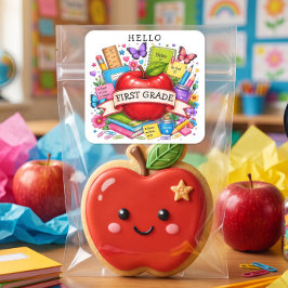 Hallo Erste Klasse Retro Apfel Quadratischer Aufkleber