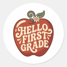 Hallo Erste Klasse Retro Apfel Zurück zur Schule Runder Aufkleber