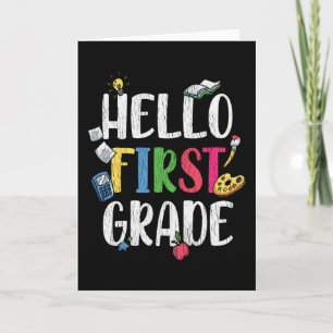 Hallo Erster Schullehrer Kinder zurück Schule Karte