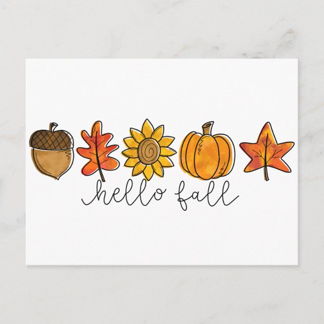 Hallo Fall Acorn Sonnenblumen Blätter & Pumpkin Postkarte (Vorderseite)