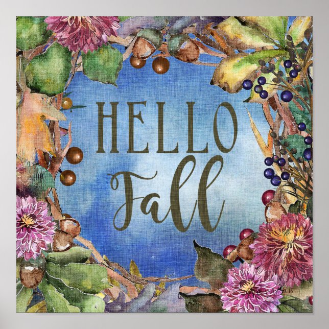 Hallo Fall | Blume und Beeren Kranz Poster (Vorne)