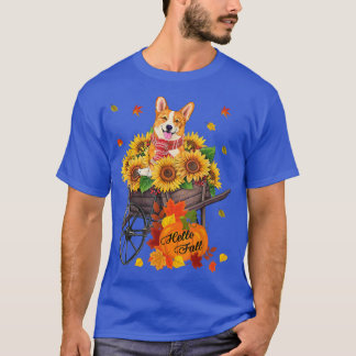 Hallo Fall Corgi Hund in Sonnenblumen Blätter Herb T-Shirt