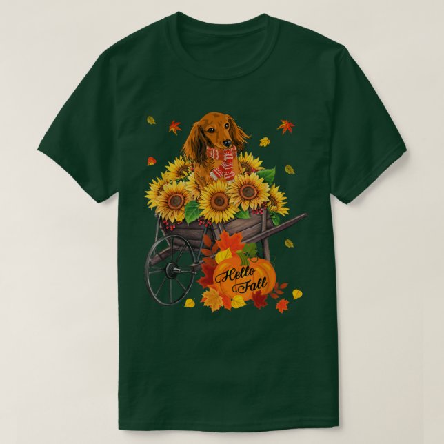 Hallo Fall Dackel Hund in Sonnenblumen Blätter Aut T-Shirt (Design vorne)