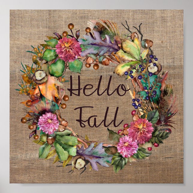Hallo Fall | Fall Blume Wasserfarbe und Burlap Poster (Vorne)