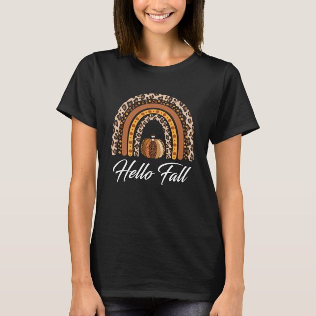 Hallo Fall Leopard Pumpkin Rainbow Erntedank T-Shirt (Vorderseite)